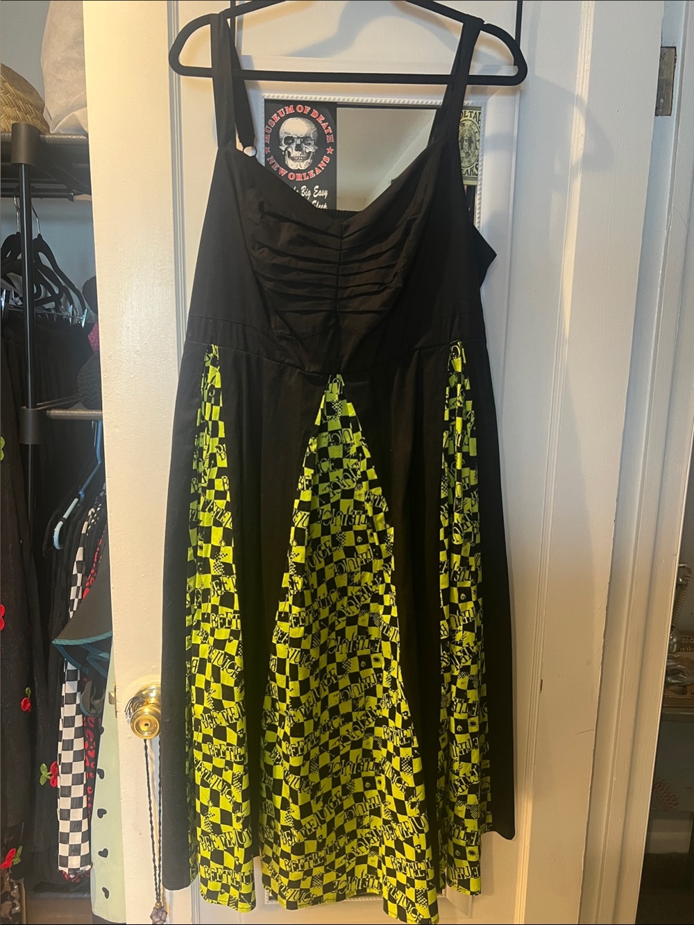 Torrid Beetlejuice Black and Neon green Checker Panel Midi Dress